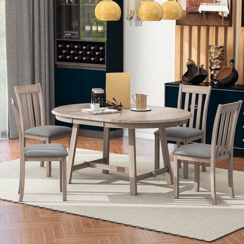 5 Piece Wood Dining Table Set Round Extandable Dining Table with 4 Dining Chairs  Dining Room Table Set for 4 person