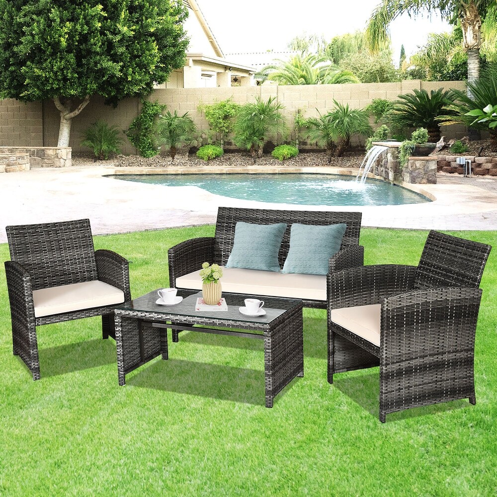 4 PCS Patio Furniture Set Modern Rattan Sofa Couch with Table Set