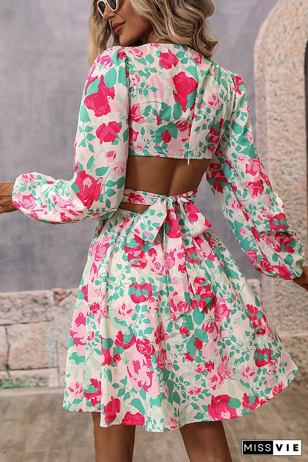 Back Tie Knot V Neck Floral Dress