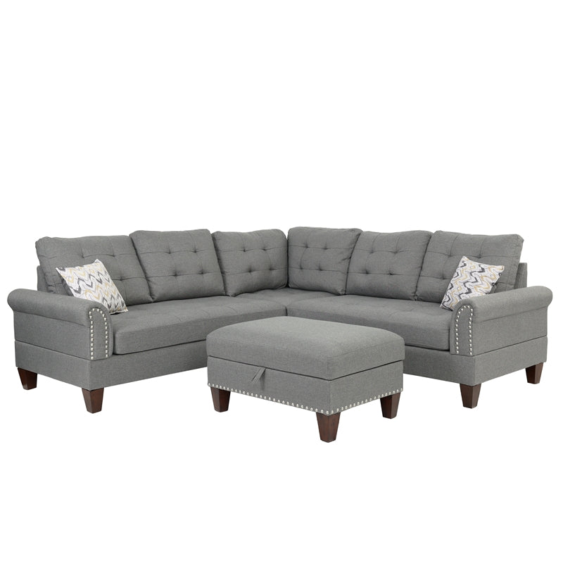 Poundex 3 Piece Fabric Sectional Sofa Set with Storage Ottoman in Gray