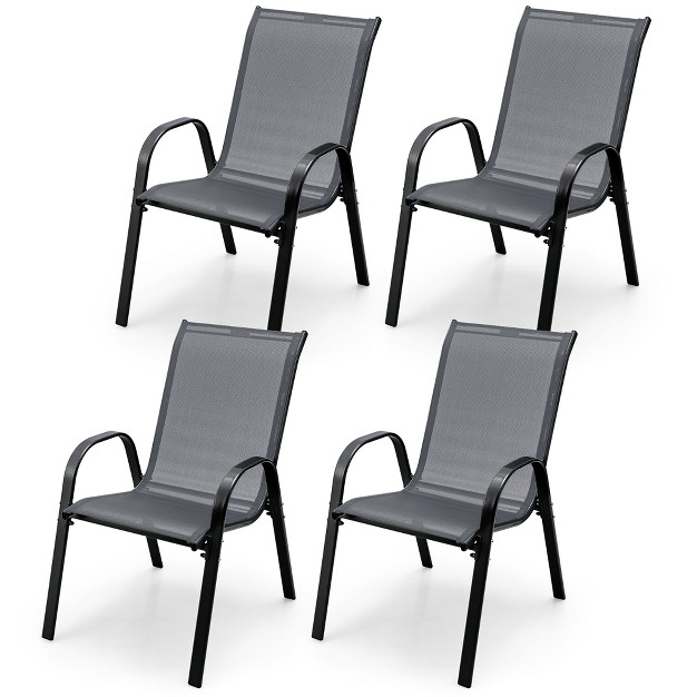 Tangkula 4pcs Patio Stacking Dining Chairs W Curved Armrests amp Breathable Seat Fabric Gray