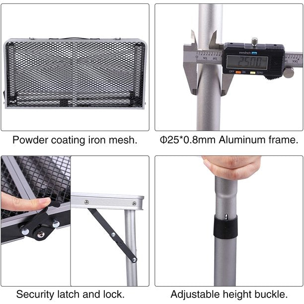 REDCAMP Folding Portable Grill Table for Camping 2FT， Lightweight Aluminum Grill Stand Metal Table with Adjustable Height for Picnic Outside Cooking，， Silver