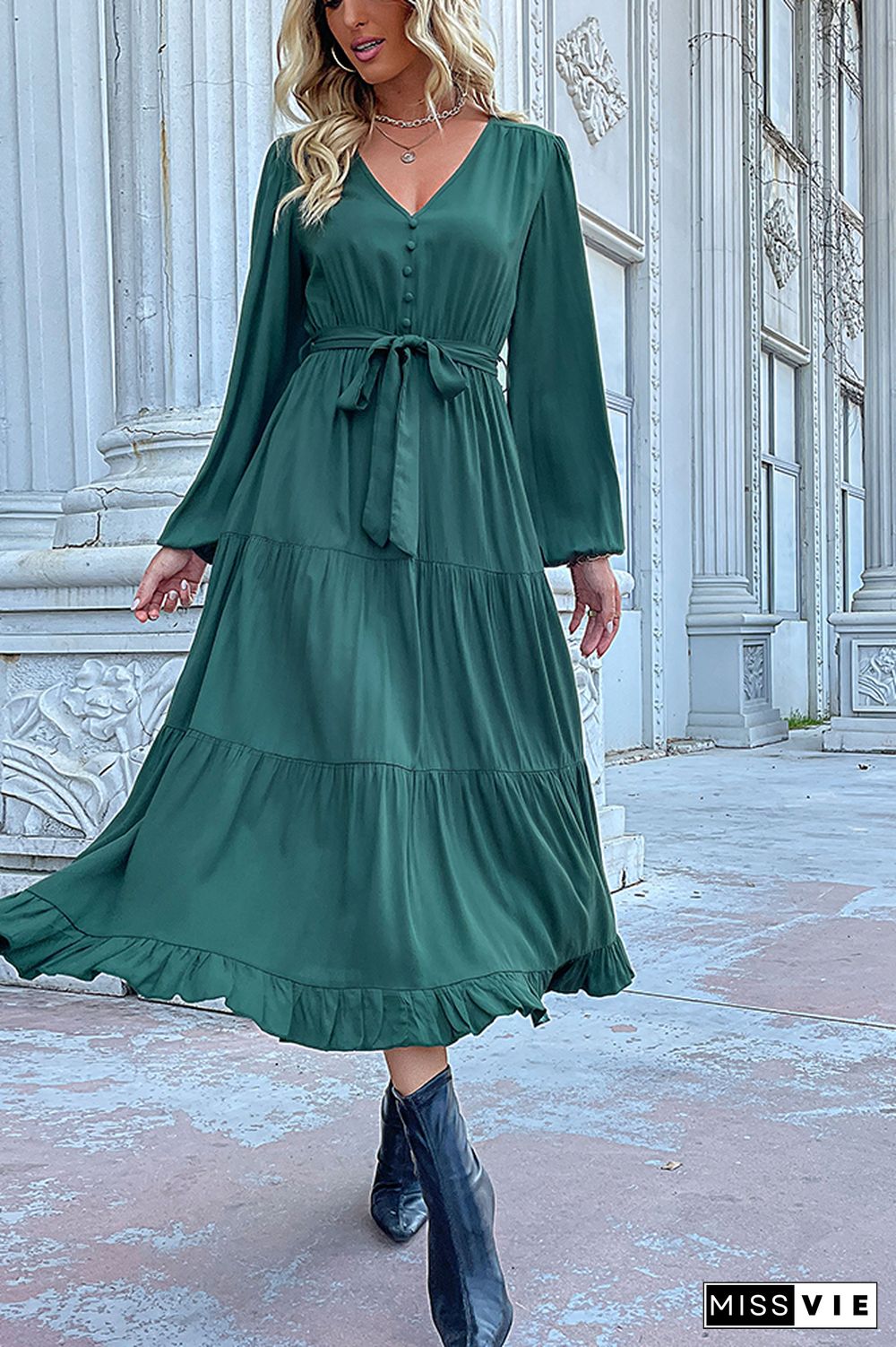 Turquoise V Neck Button Down Tiered Maxi Dress