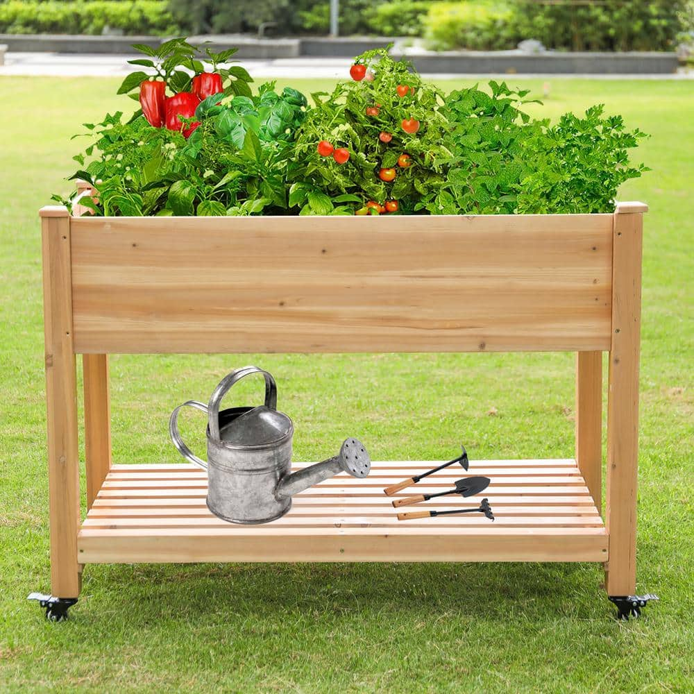 MUMTOP 46 in. x 22.4 in. x 33.8 in. Wood Raised Garden Bed with Lockable Wheels， Liner 4613590-B1