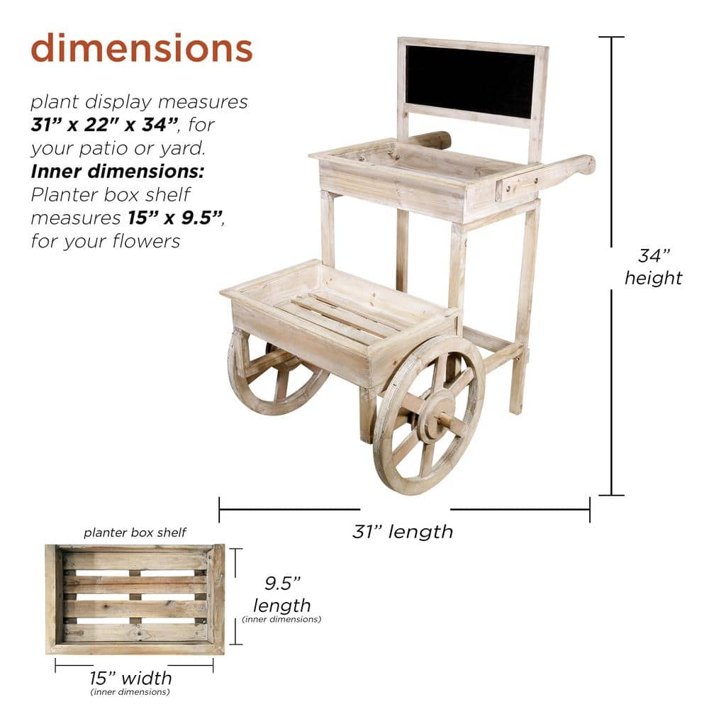 Alpine Corporation 34 in. Tall Indoor/Outdoor Wooden 2-Tier Plant Display Stand with Chalkboard and Wheels MBB104