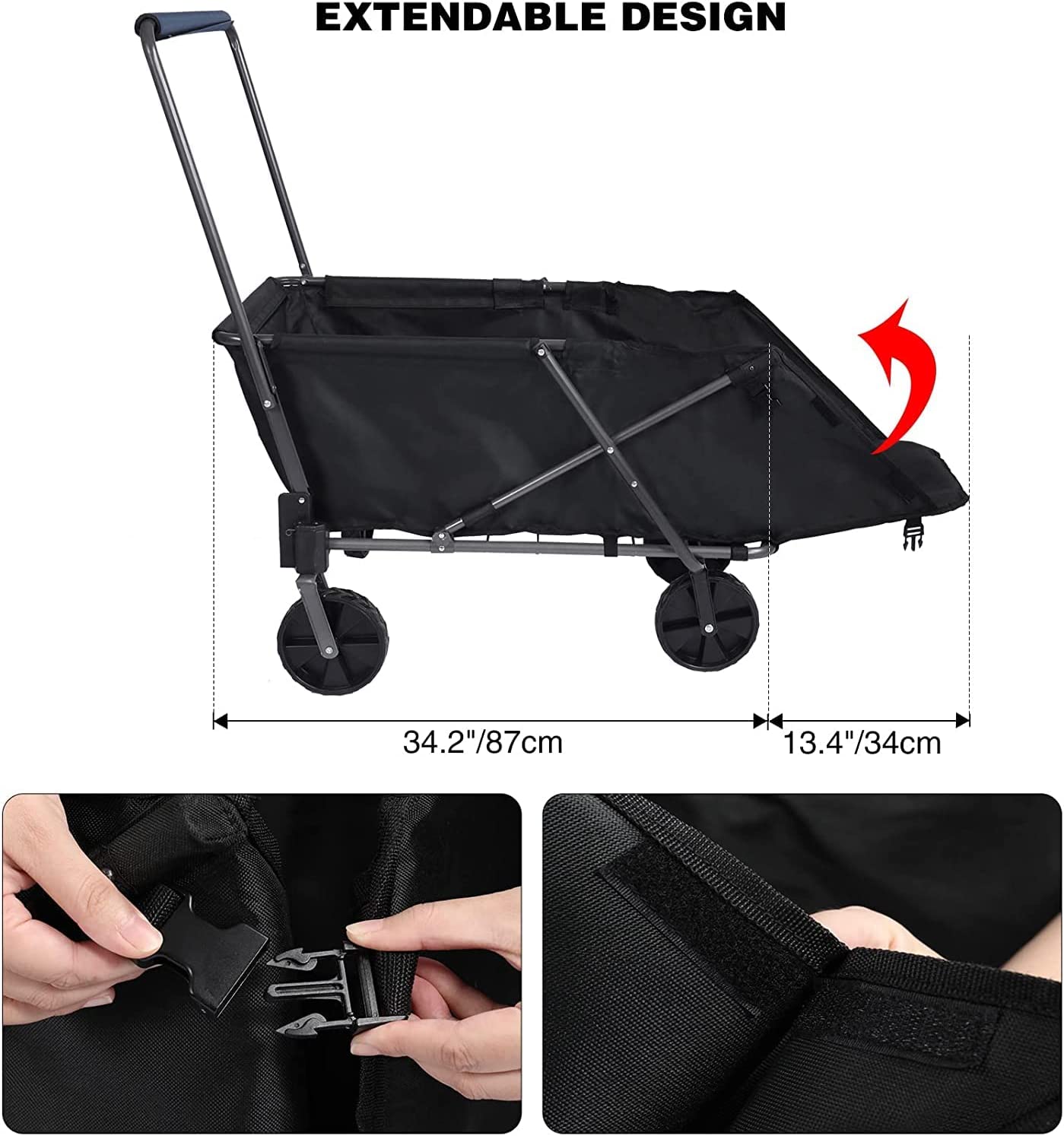 REDCAMP Folding Wagon Cart with Extendable Rear End Heavy Duty 134L Large Collapsible Utility Wagon Garden Cart with Wheels for Camping Beach Sports Shopping Black