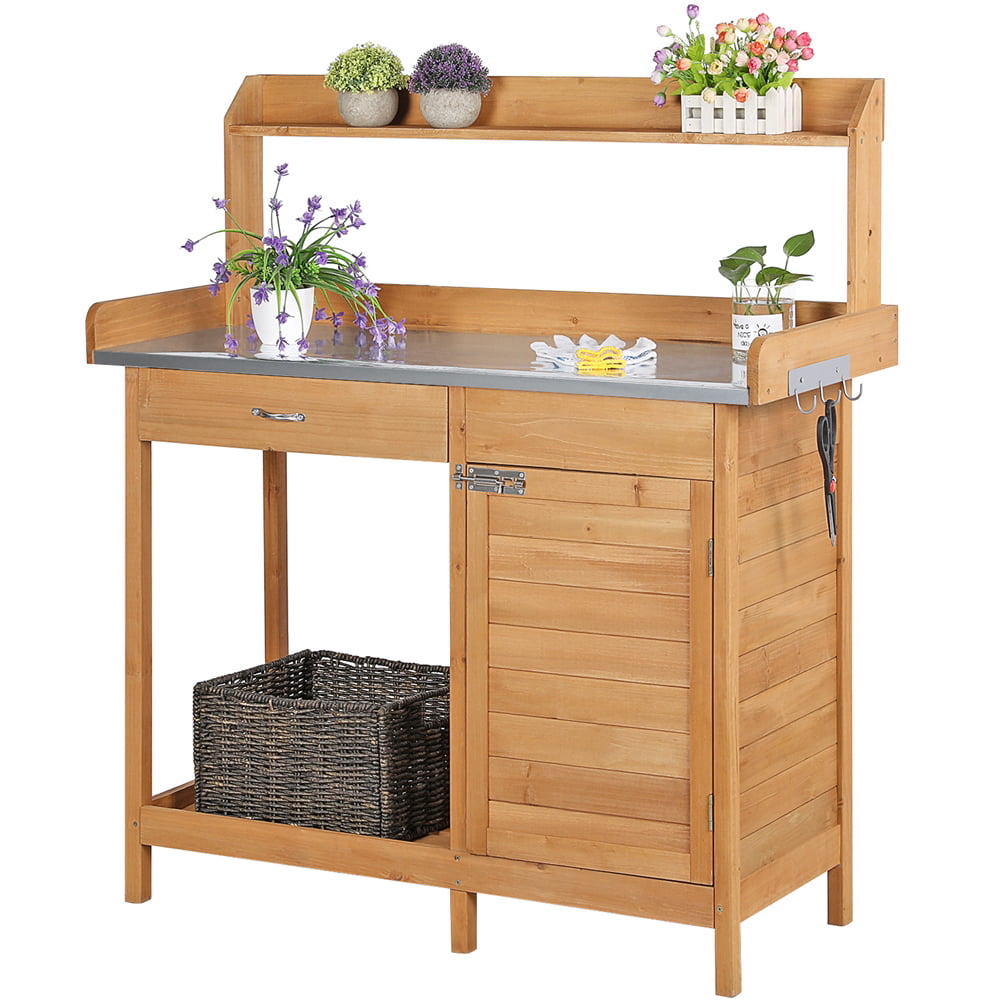 Yaheetech Outdoor Garden Potting Bench Table Work Bench Metal Tabletop W/Cabinet, Natural Wood