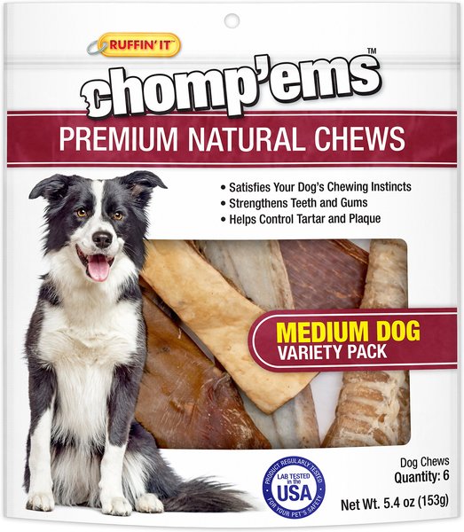 RUFFIN' IT Chomp'ems Premium Natural Chews Variety Pack Medium Dog Bone Treats， 6 count