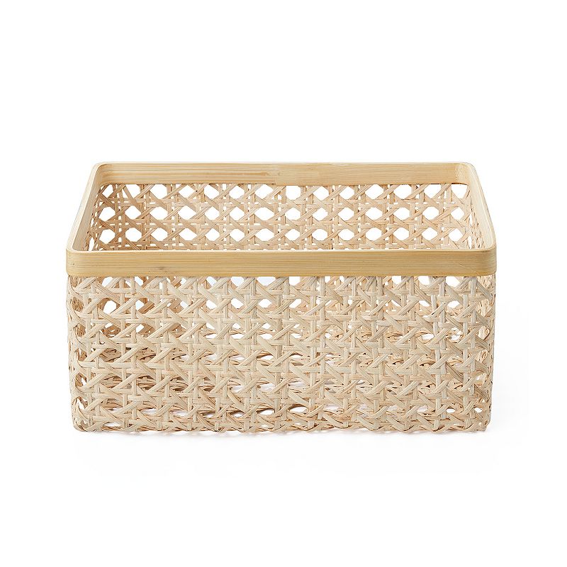 Saddle River Rectangular Natural Open Weave Cane Bamboo Rim Storage Bin 2-piece Set