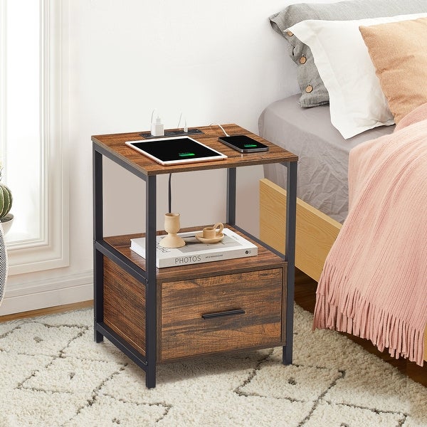 Industrial 3-Piece Vintage Brown Bed Frame and Charging Station USB Port Nightstands Set of 2 - - 36685886