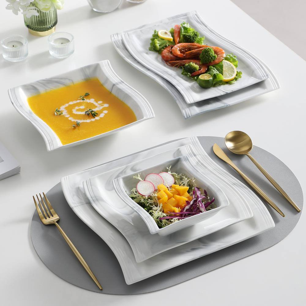 MALACASA Flora 26-Piece Marble Gray Porcelain Dinnerware Set with DinnerSoup Dessert Plates(Service for 6) FLORA-26-GREY