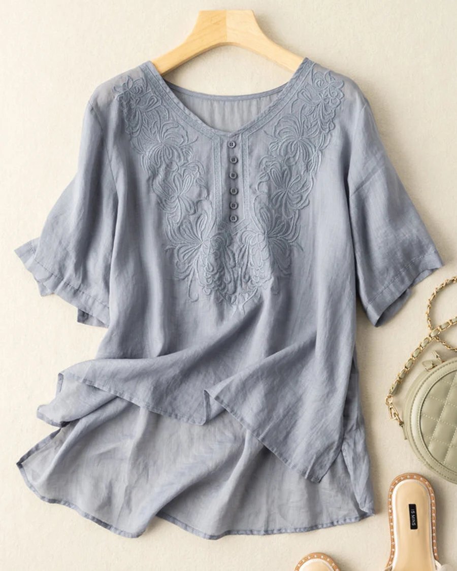 Cotton Linen Fine Embroidery V-neck Casual Top