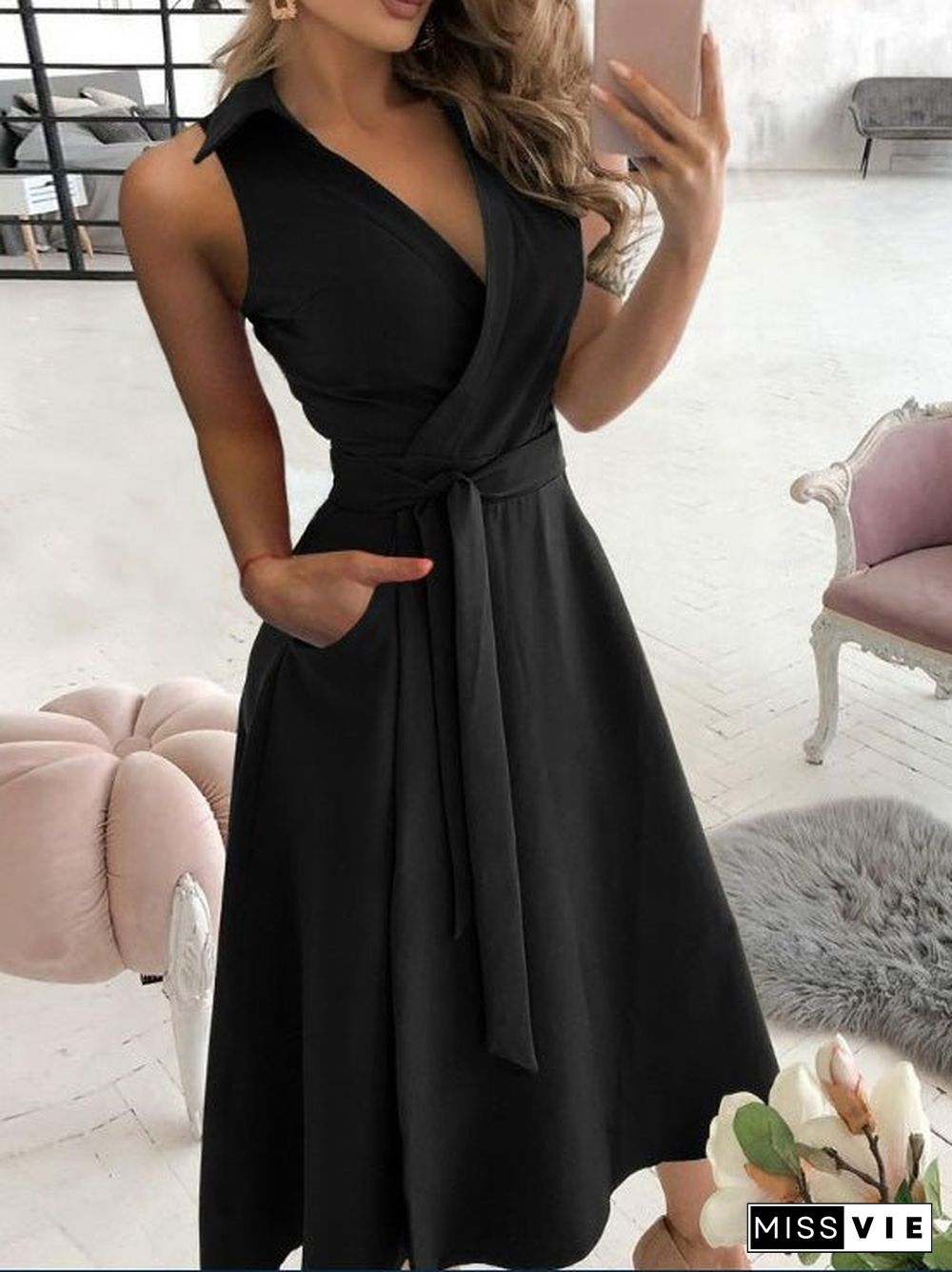 Women'S Dresses Solid V-Neck Belted Sleeveless Dress