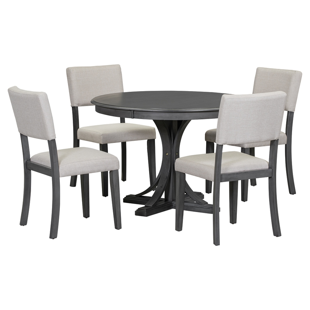 5 Piece Retro Solid Wood Dining Set  Round Dining Table with Curved Trestle Legs  4 Upholstered Chairs with Padded Seat