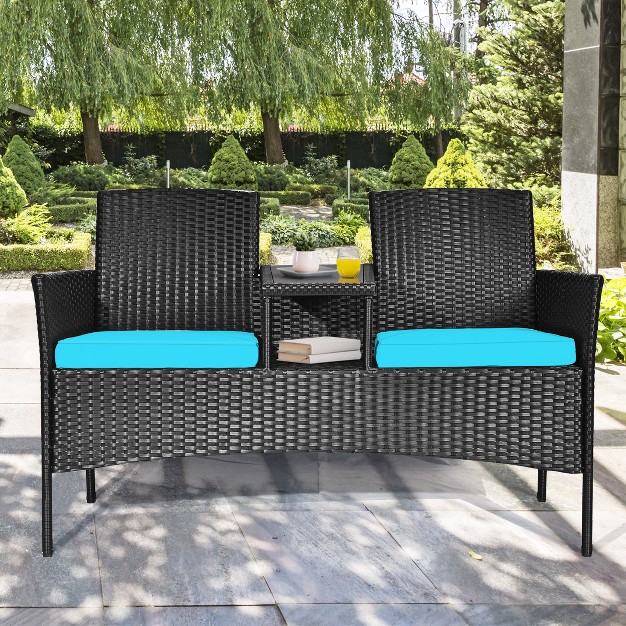 Tangkula Outdoor Rattan Furniture Wicker Patio Conversation Chair W cushions Turquoise