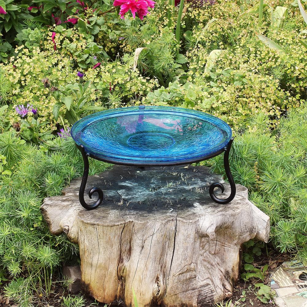 Achla Designs 14 in. Dia Teal Blue Reflective Crackle Glass Birdbath Bowl with Short Stand II CGB-14T-S2