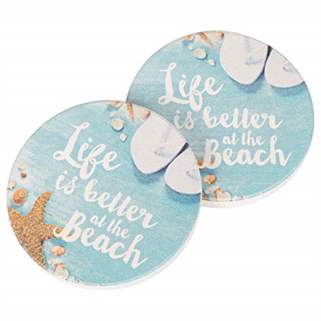 Life is Better at The Beach Teal 2.75 x 2.75 Absorbent Ceramic Car Coasters Pack of 2