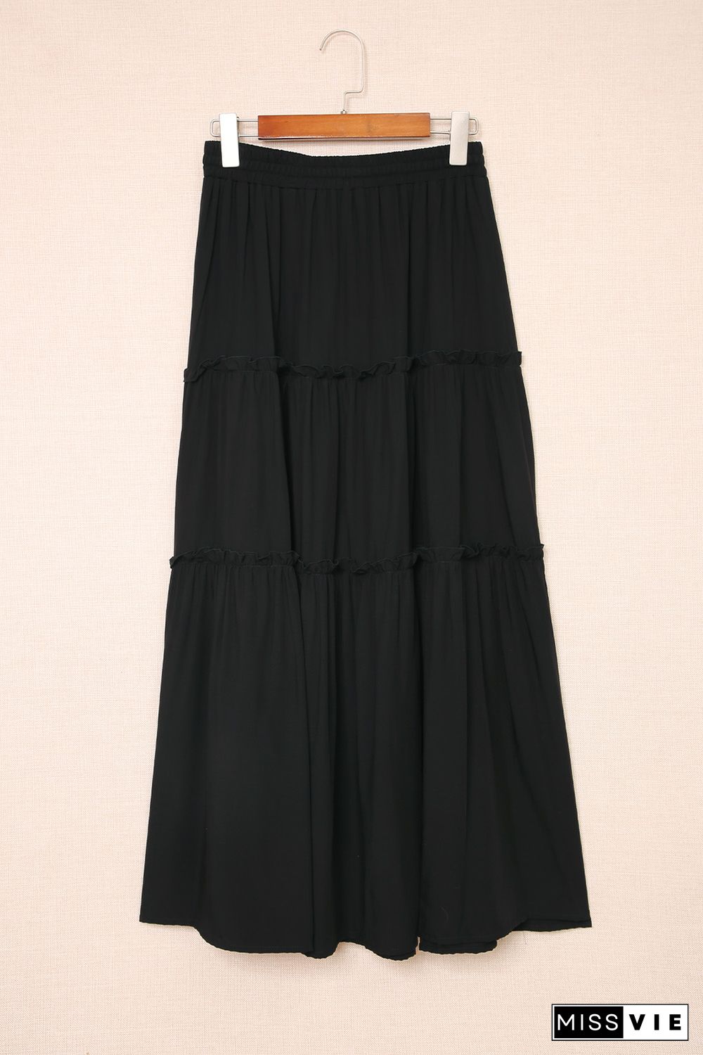 Black Solid Layered Ruffled Drawstring High Waist Maxi Skirt