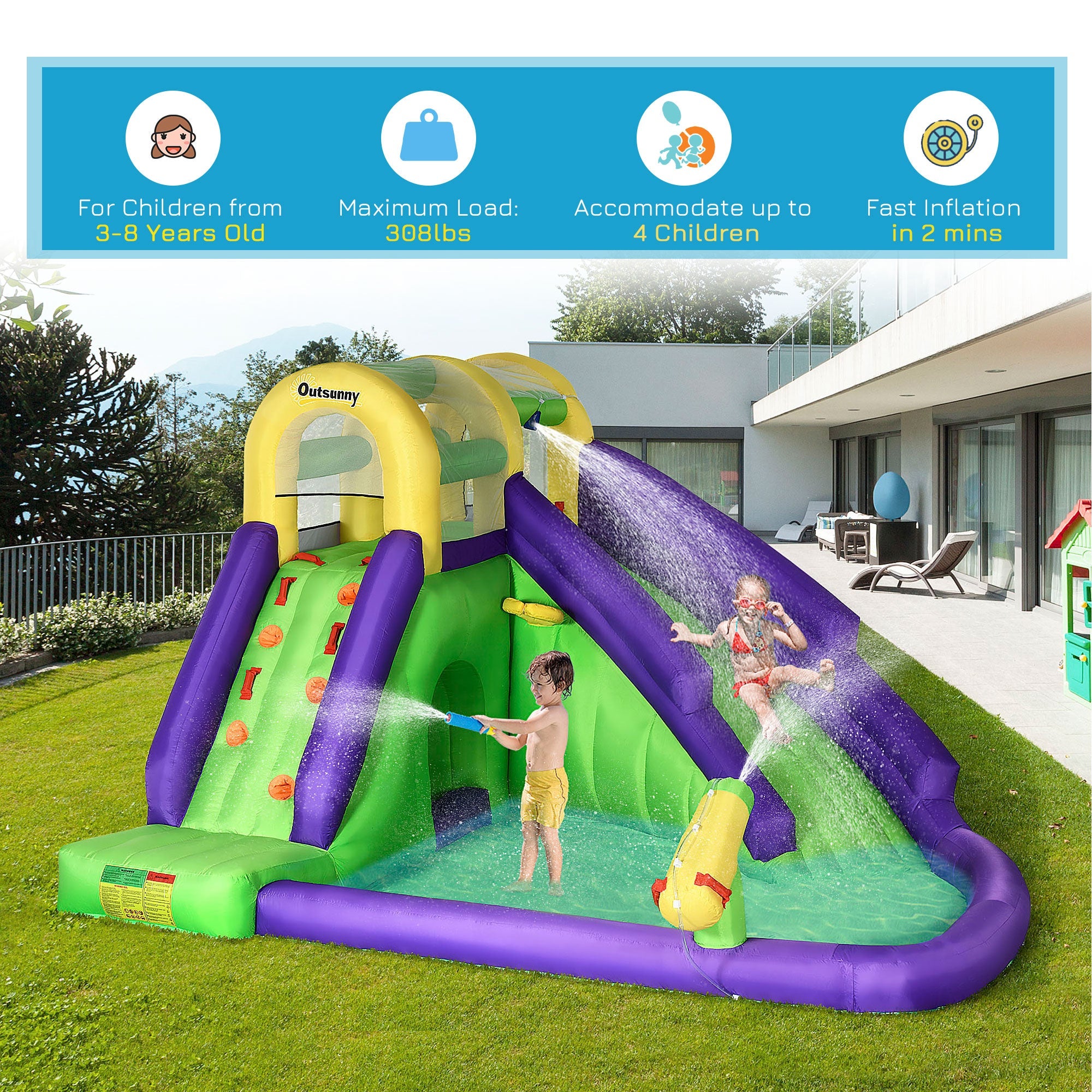 Outsunny 5-in-1 Inflatable Water Slide, Kids Castle Bounce House with Slide, Basket, Pool, Water Cannon, Climbing Wall Includes Carry Bag, Repair Patches, 680W Air Blower