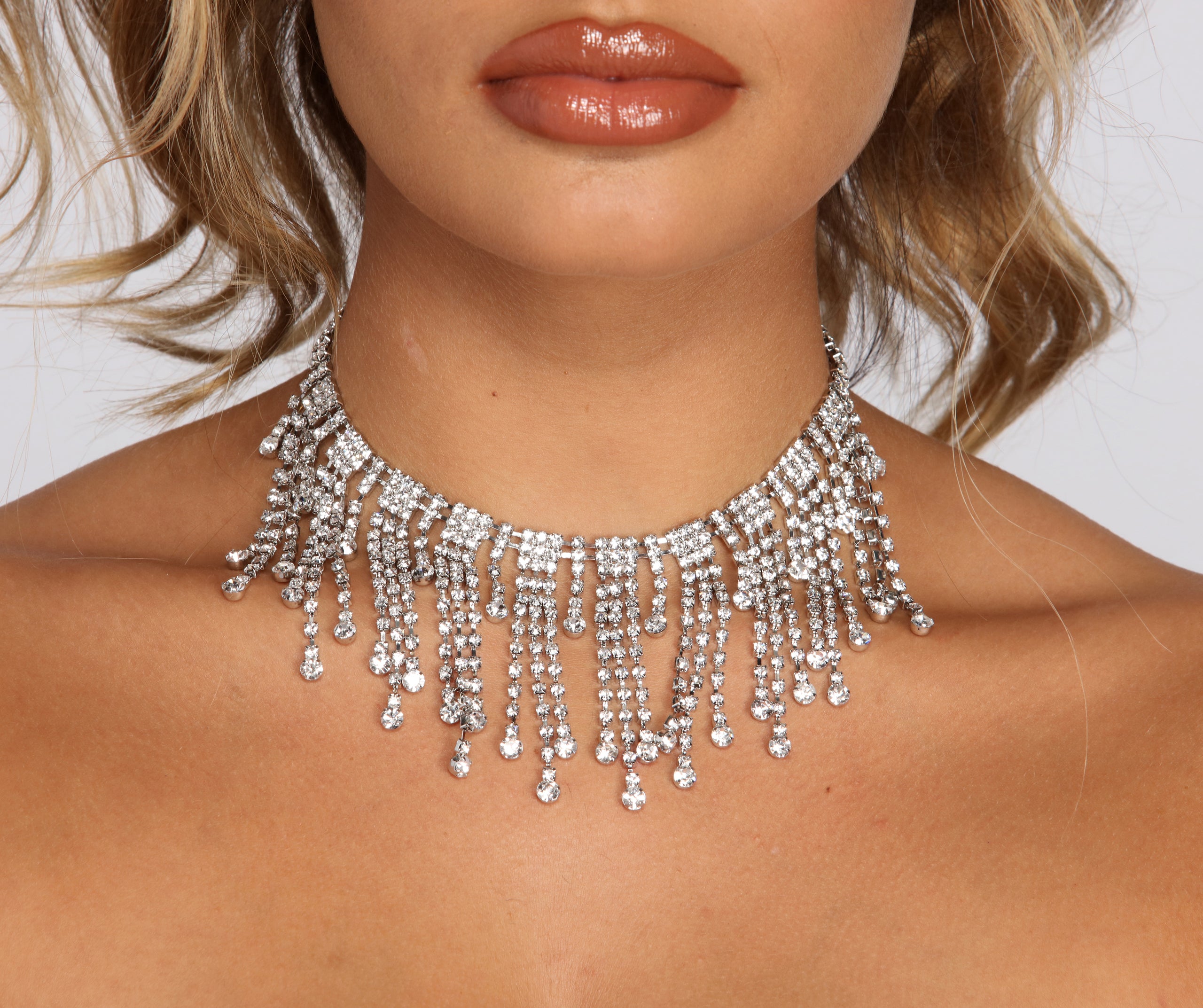 Boho Glam Rhinestone Fringe Choker Necklace