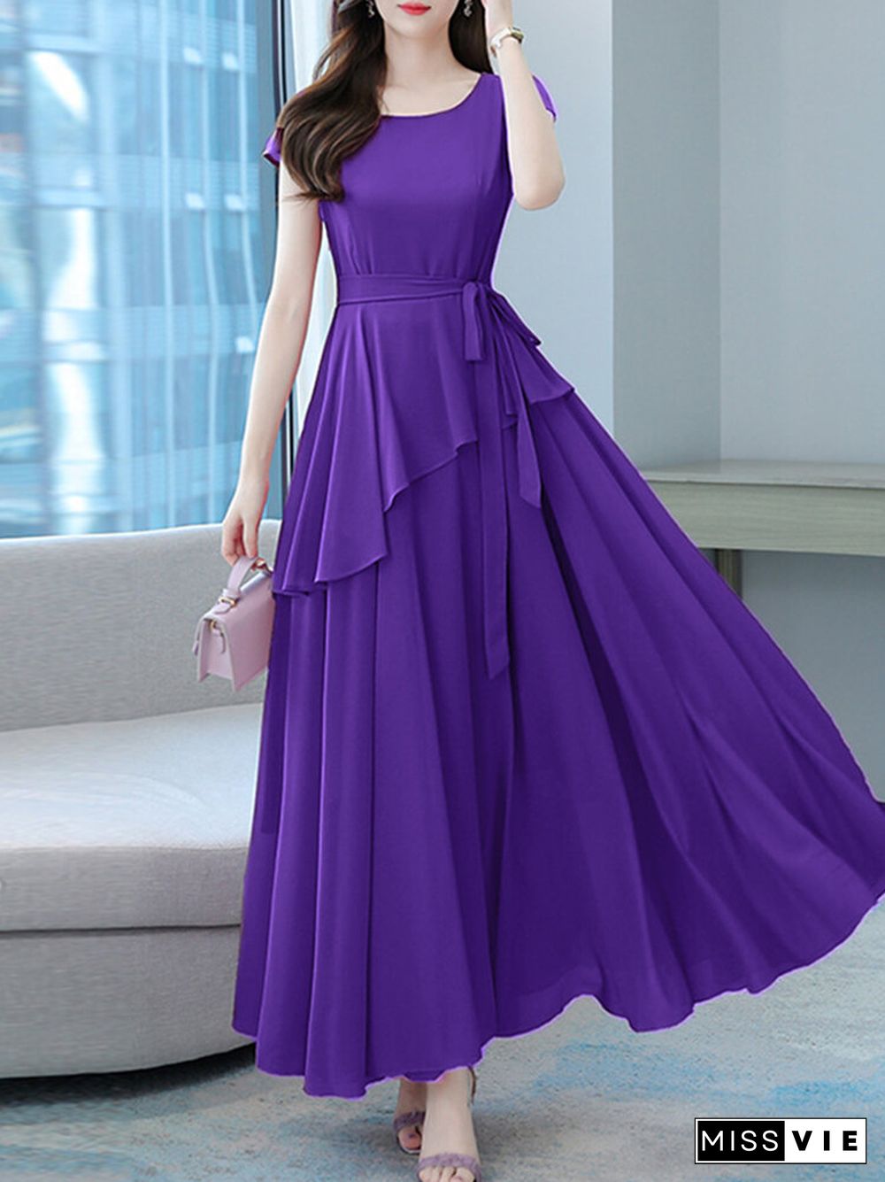 Solid Asymmetrical Swing Short Sleeve Maxi Dress With Belt