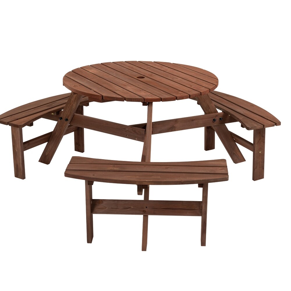 Wood Picnic Tables 6 Pcs Dining Sets Lounge Dining with Umbrella Hole