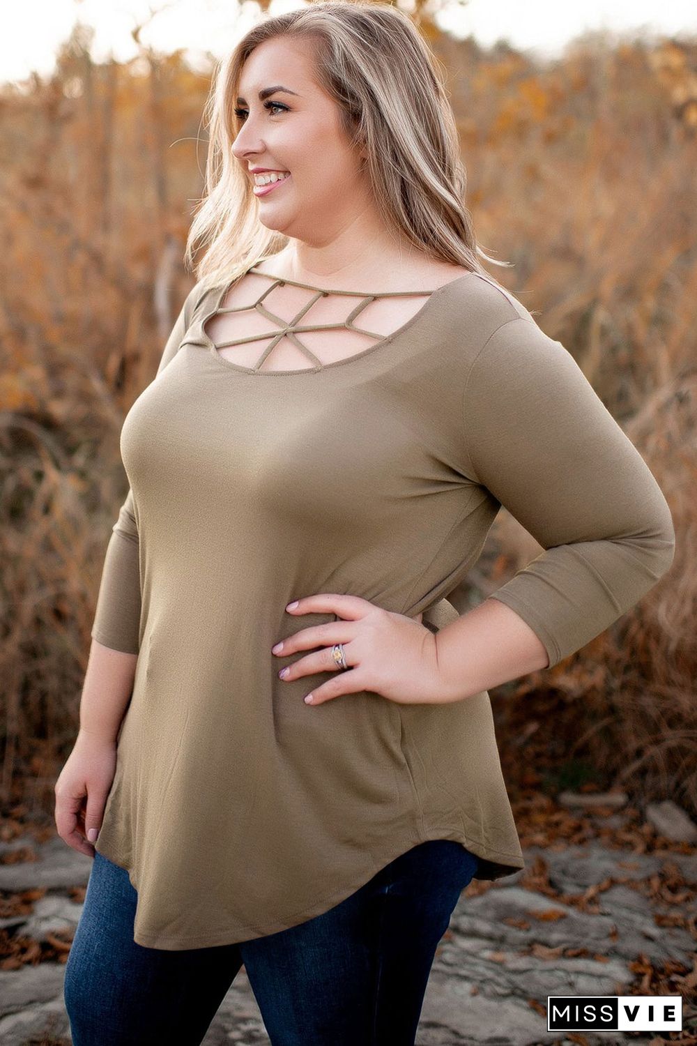 Brown 3/4 Sleeve Cut out Neckline Plus Size Top