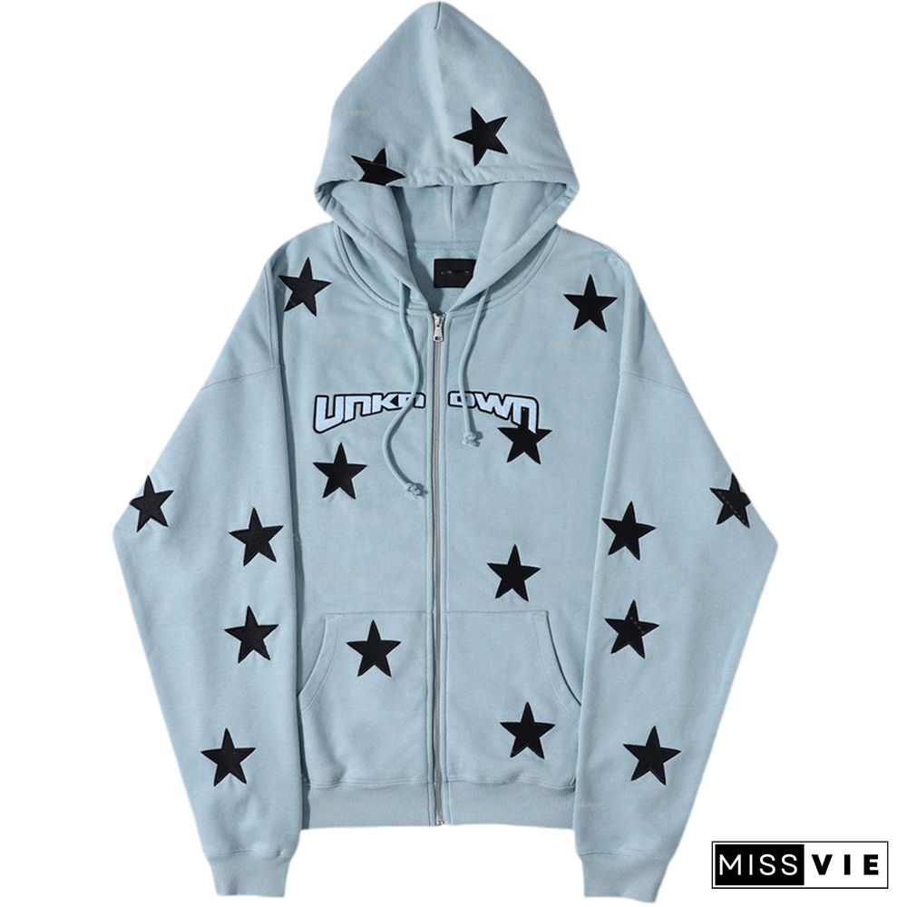 Women Hooded Coat Long Sleeve Loose Star Letter Printed Drawstring Hat Jackets With Pockets Y2k Aesthetic Streetwear