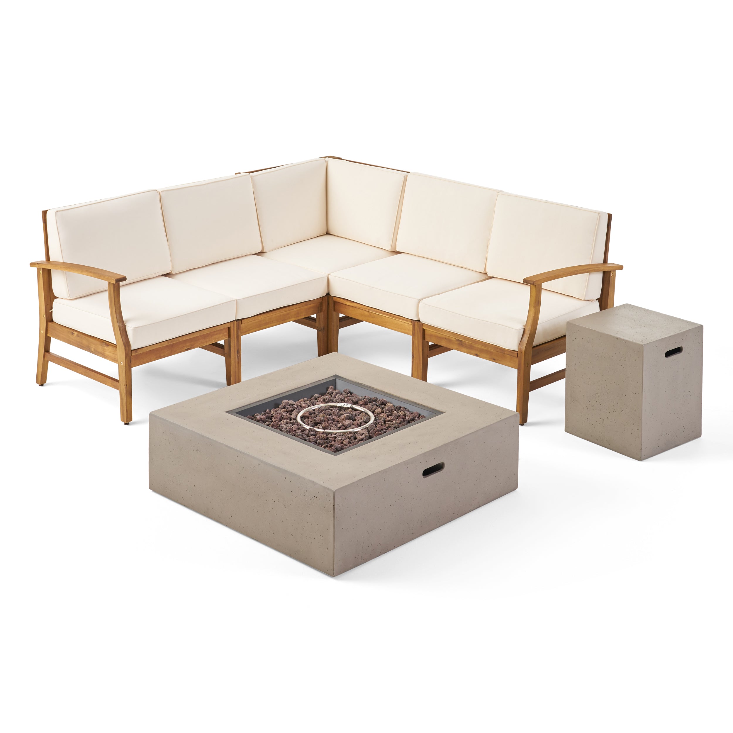 Nyeemah Outdoor 5 Seater V-Shaped Acacia Wood Sofa Set with Square Fire Table and Tank