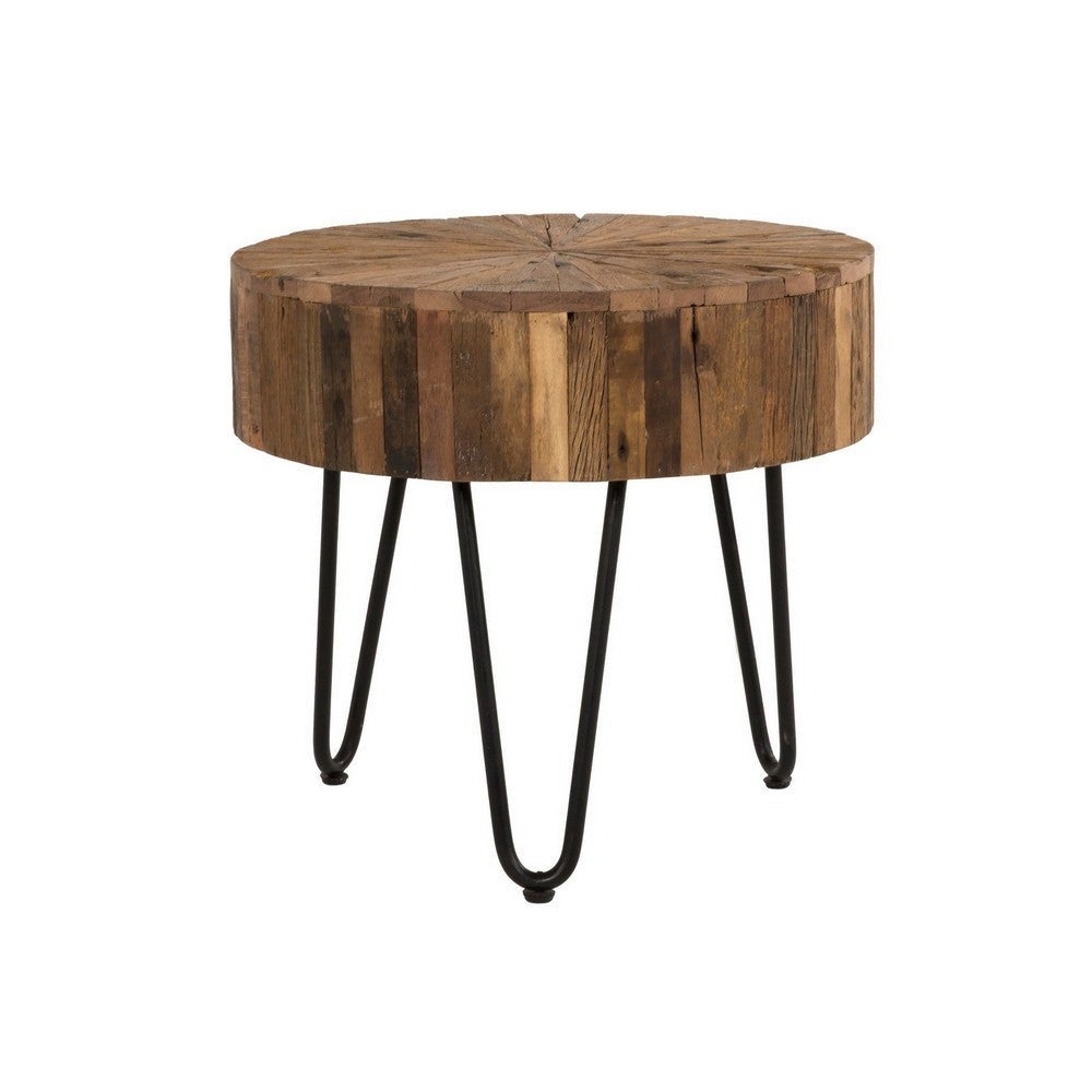 Zoro 22 Inch End Table， Reclaimed Wood， Hairpin Legs， Brown and Black - 22L x 22W x 21H， in inches