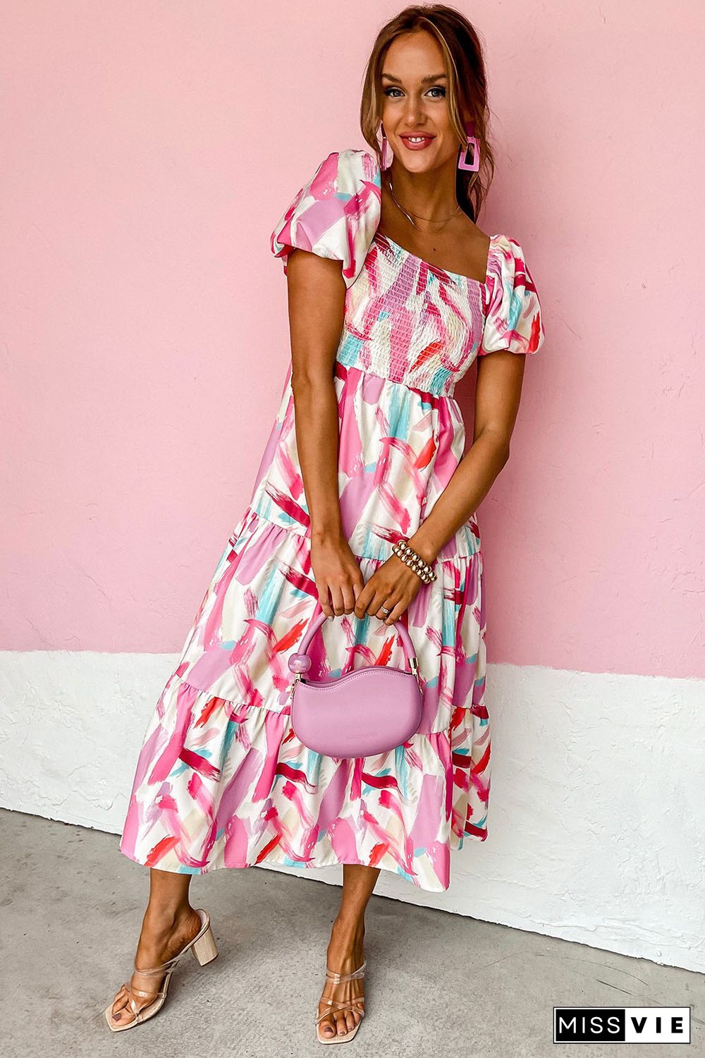 Pink Brush Stroke Printed Smocked Ruffle Tiered Dress