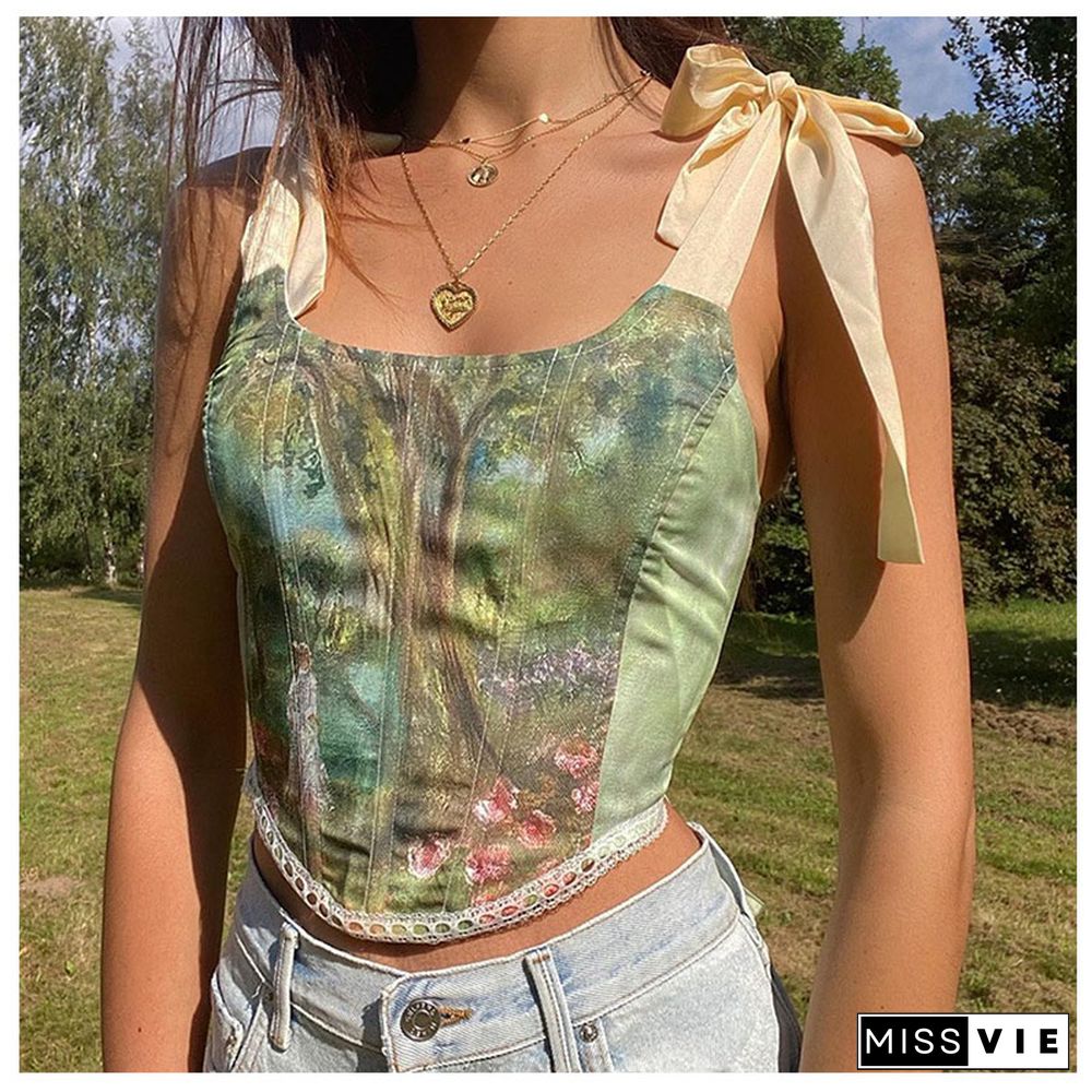 Y2K Vintage Aesthetic Printed Lace Up Camisole Women Bow Bandage Hollow Tank Top Skinny Party Streetwear Summer Trend