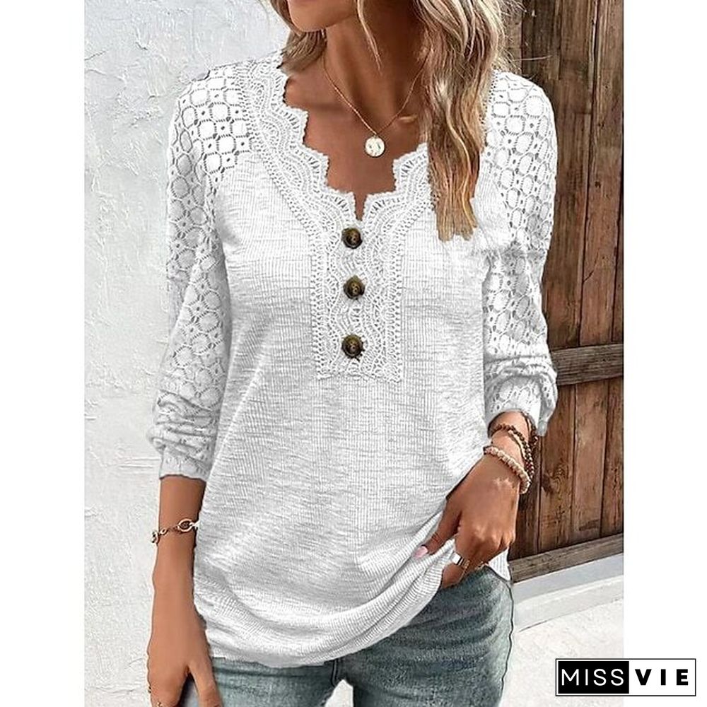 Women's T shirt Tee Plain Black White Red Lace Long Sleeve Daily Weekend Elegant Fashion Basic V Neck Regular Fit Fall & Winter