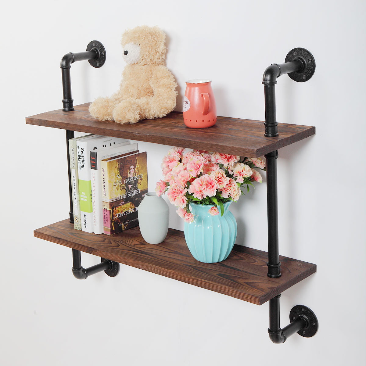 JAXPETY Industrial Floating Shelf 2-Tier Wall Mounted Pipe Shelves Rustic Wood Shelf Metal Bracket Storage Space Display Bookshelf for Bedroom, Living Room, Office