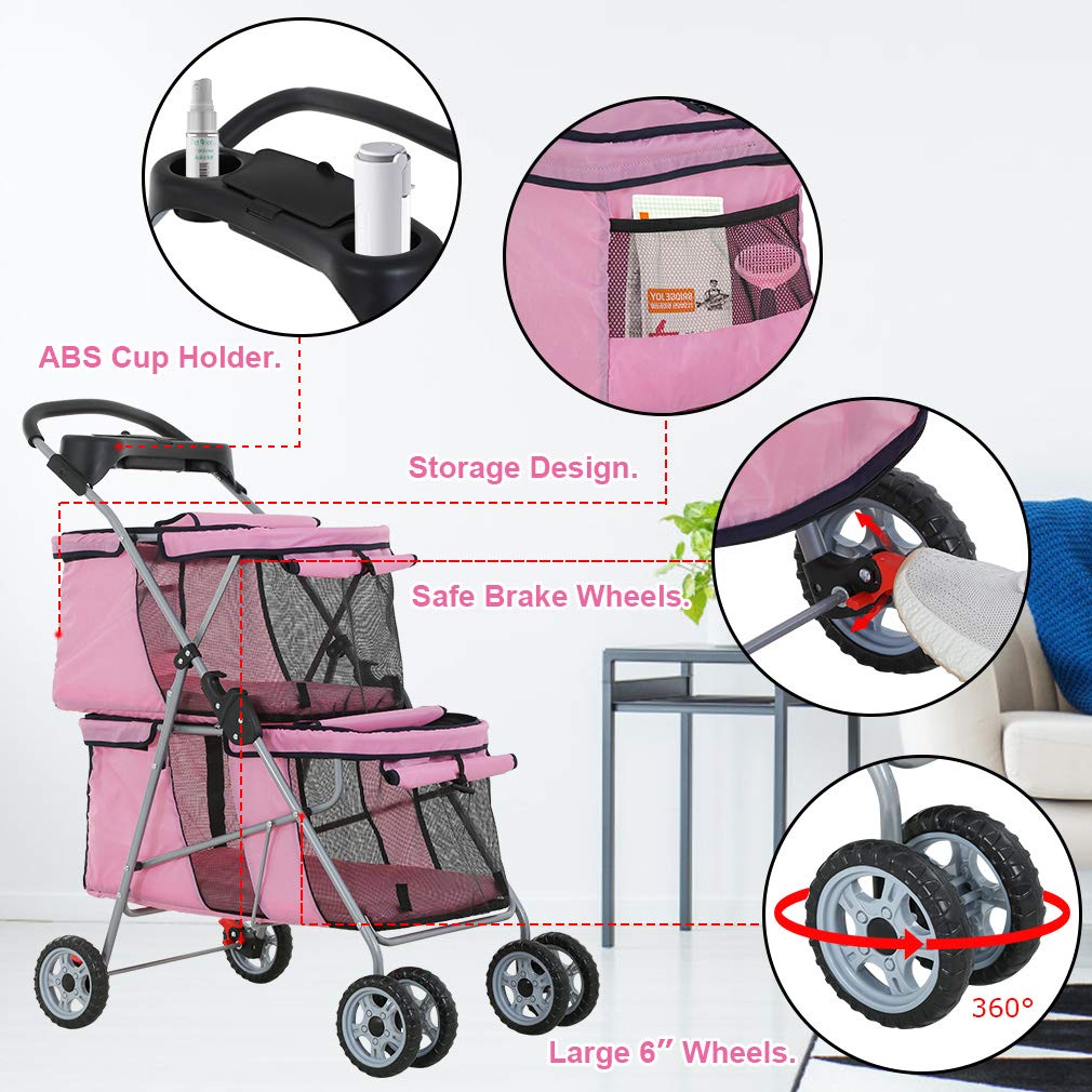 Dog Stroller Cat Stroller Pet Carriers Bag Jogger Stroller for Small Medium Dogs Cats for Travel Camping with 4 Wheels， Soft Pad， Pink