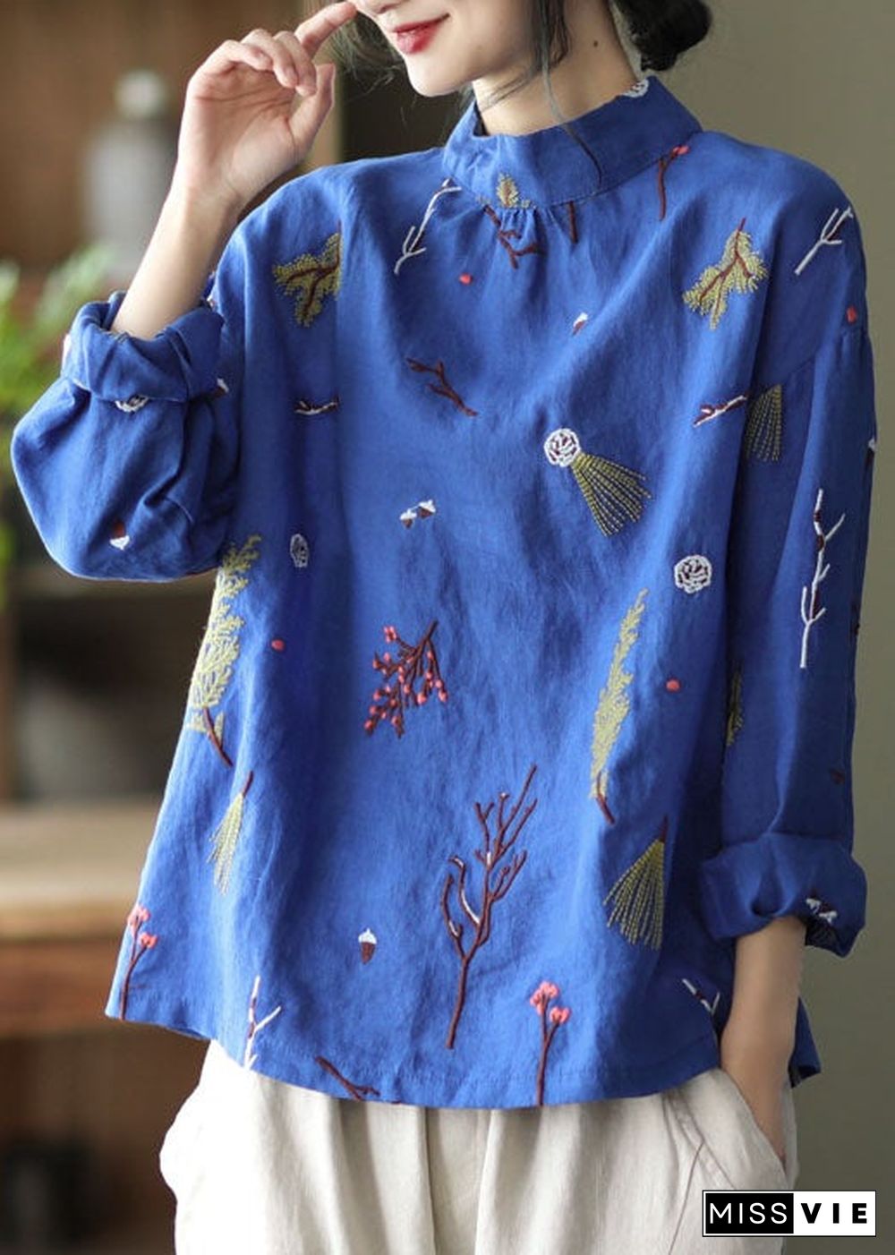 Stylish Blue Embroideried retro Linen Blouse Tops Spring