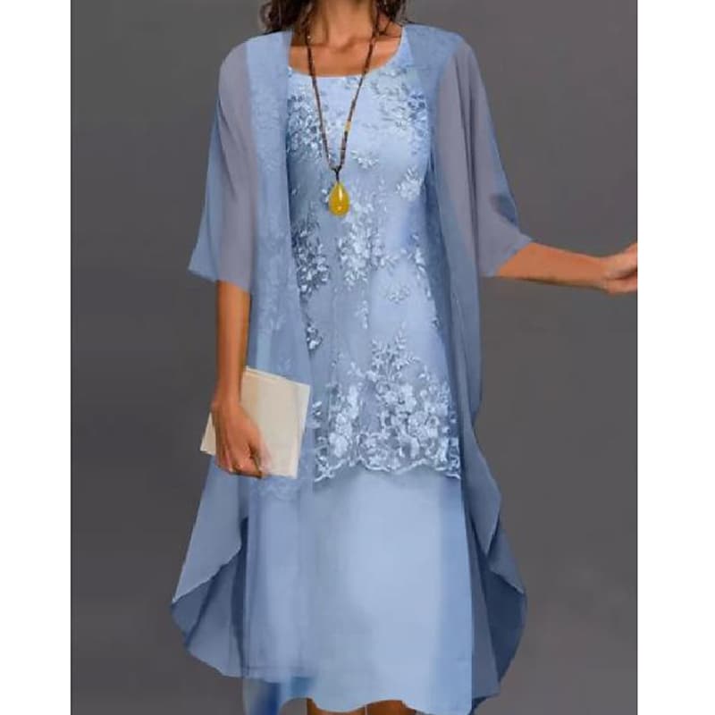 Women's Dress Set Lace Dress Midi Dress Light Blue Green Gray Half Sleeve Floral Embroidered Layered Patchwork Fall Spring Crew Neck Elegant Chinoiserie 2022 M L XL XXL XXXL 4XL 5XL