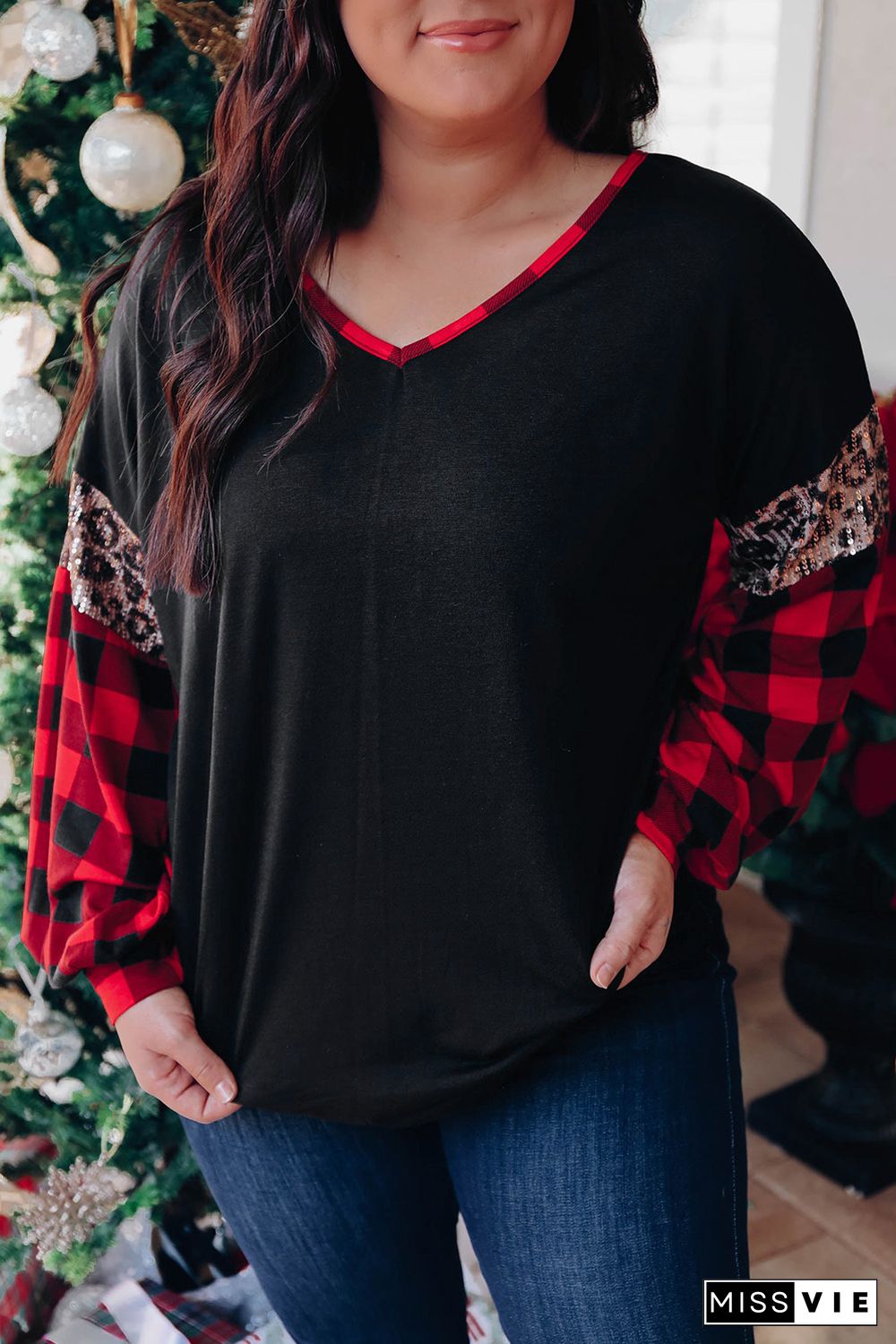 Black Sequined Leopard Insert Plaid Sleeve Plus Size Top