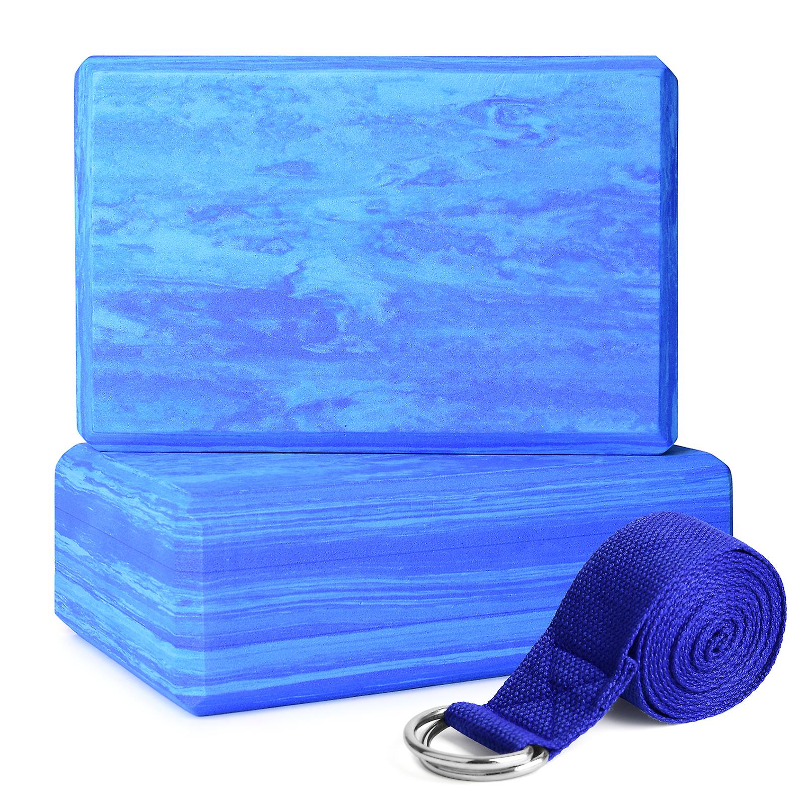 2pcs Eva Yoga Blocks With 1pcs Stretching Strap For Yoga Pilates Improve Strength Aid Balance And Flexibility Blue Medium