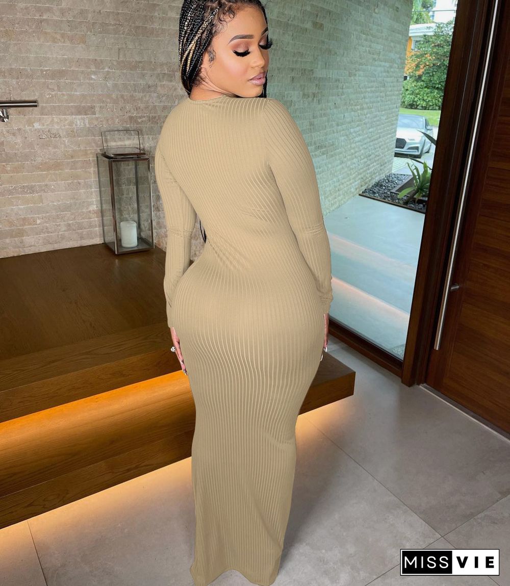 Solid V Neck Long Sleeves Bodycon Knitted Dress