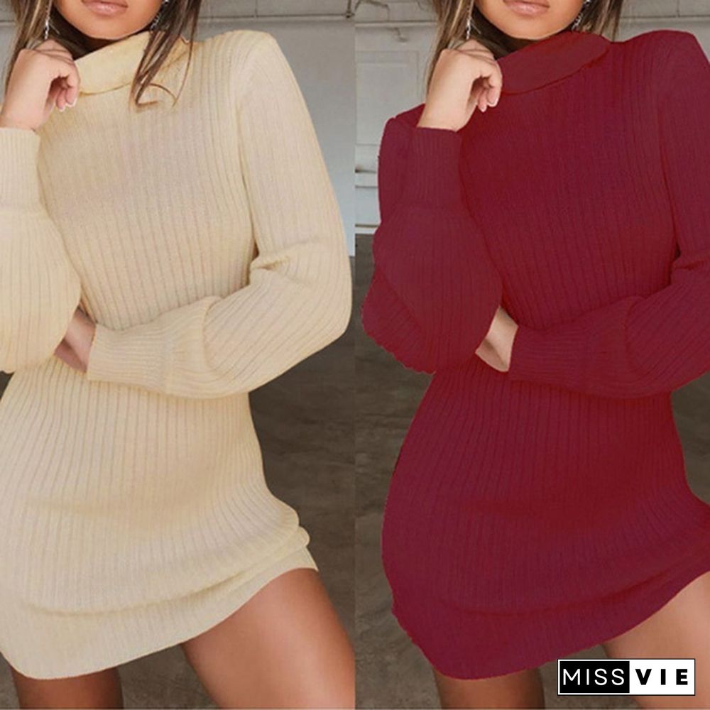 Women Autumn and Winter Long Sleeve Knitted Sweater Dress Ladies Fashion Keep Warm Knitting High Collar Slim Fit Bottoming Mini Knitting Dress