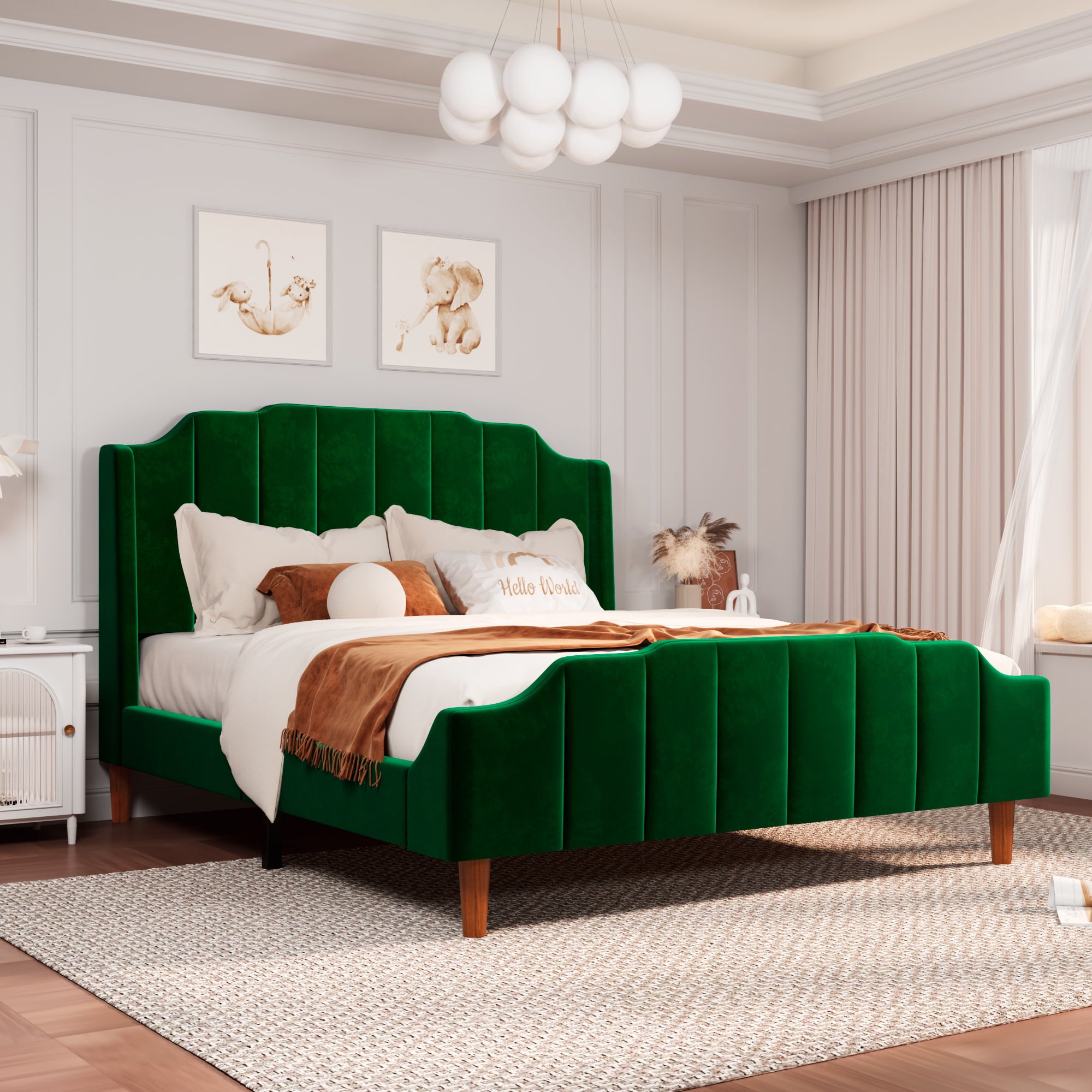 Allewie Queen Size Velvet Platform  Bed with Modern Curved Upholstered Headboard and Footboard, Green