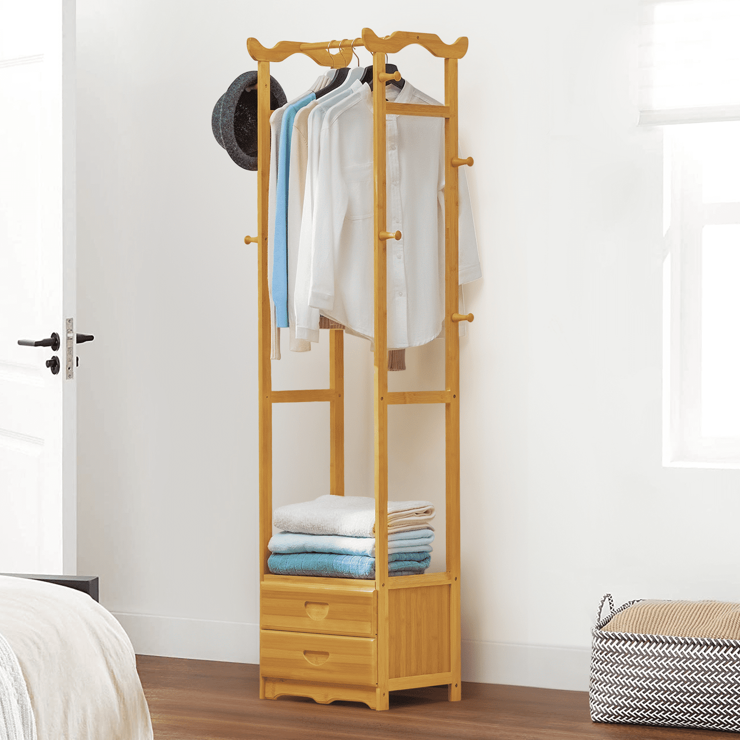 MoNiBloom Bamboo 2 Tiers 2 Drawers Coat Rack， Modern Clothes Storage Shelf， Natural， for Bedroom