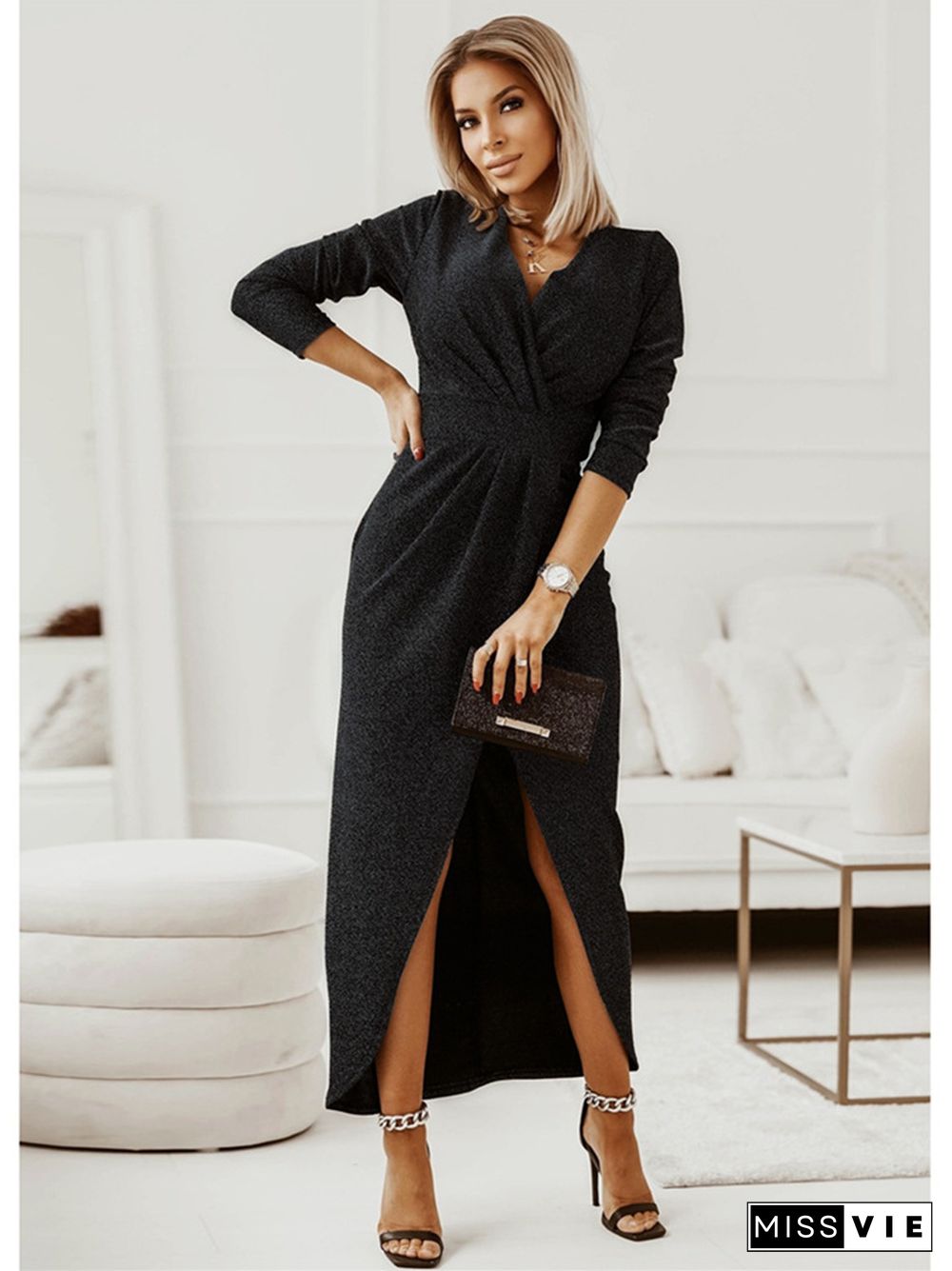 Long Sleeve Sexy V-neck Slit Dress Skirt