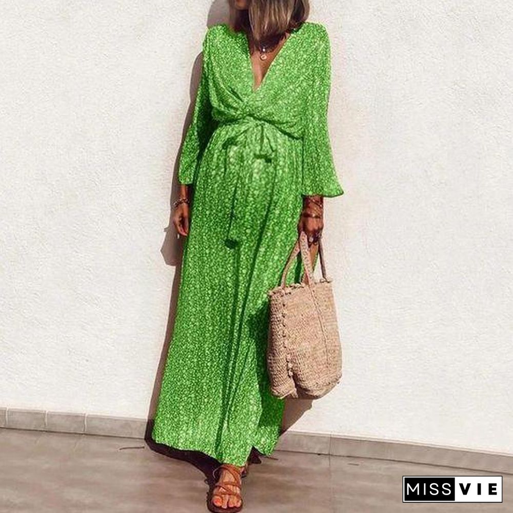 Classy Green Print V-Neck Long Sleeve Maxi Dress