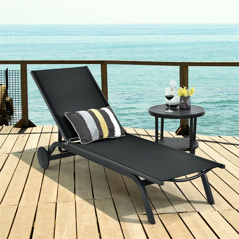 6-Position Adjustable Patio Chaise Lounge Chair Outdoor Beach Recliner with Wheels