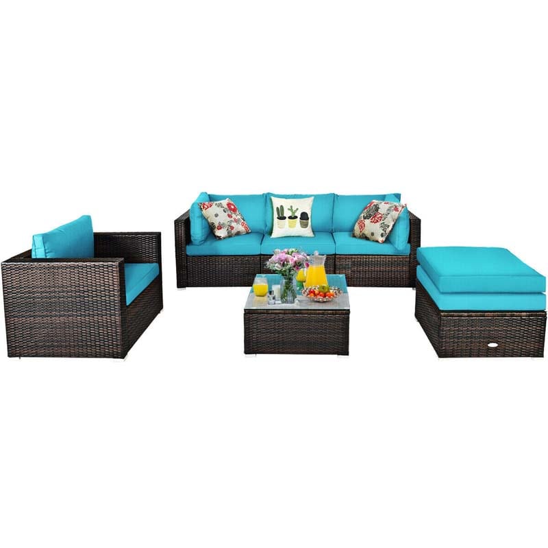 6 Pcs Patio Rattan Sectional Furniture Set Outdoor Conversation Sofa Set with Cushions