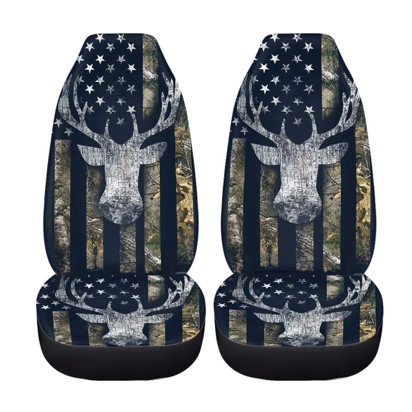 Xoenoiee 2 Piece Car Seat Cover For Women Men， Deer Antler US Flag Camo Print Automotive Seat Covers Front Seats Only， Universal Fit Bucket Car Front Seat Protector Covers