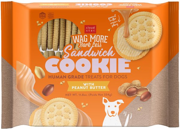 Cloud Star Wag More Bark Less Human Grade Peanut Butter Sandwich Cookie Dog Treats， 11.8-oz tray