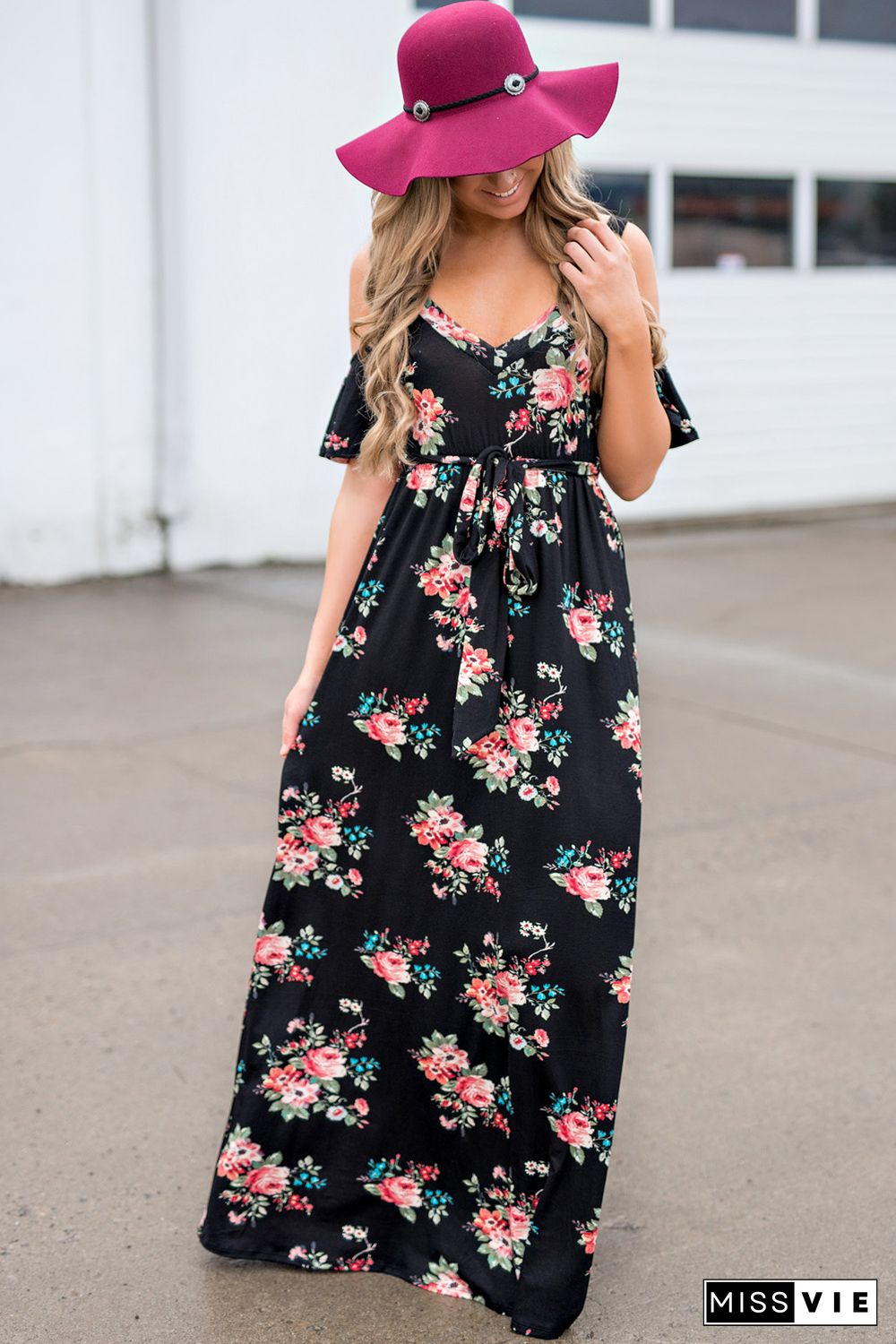 Black Cold Shoulder High Waist Floral Dress with Belt